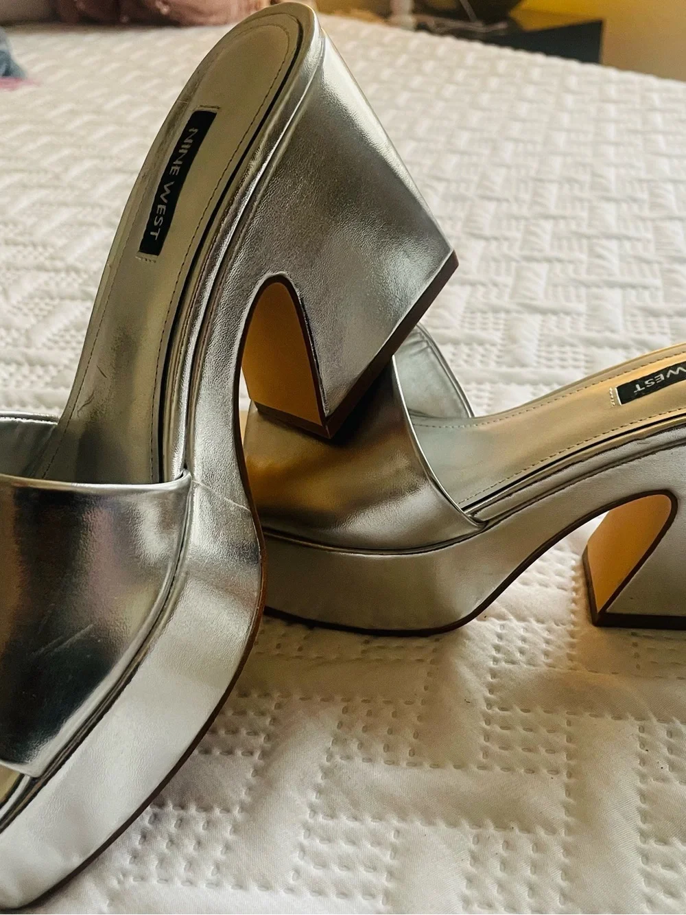 Nine West Silver Metallic Chunky Heel Slide Sandals